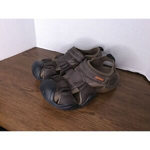 Crocs Men's Swiftwater Leather Fisherman Sandals Espresso Brown Walnut